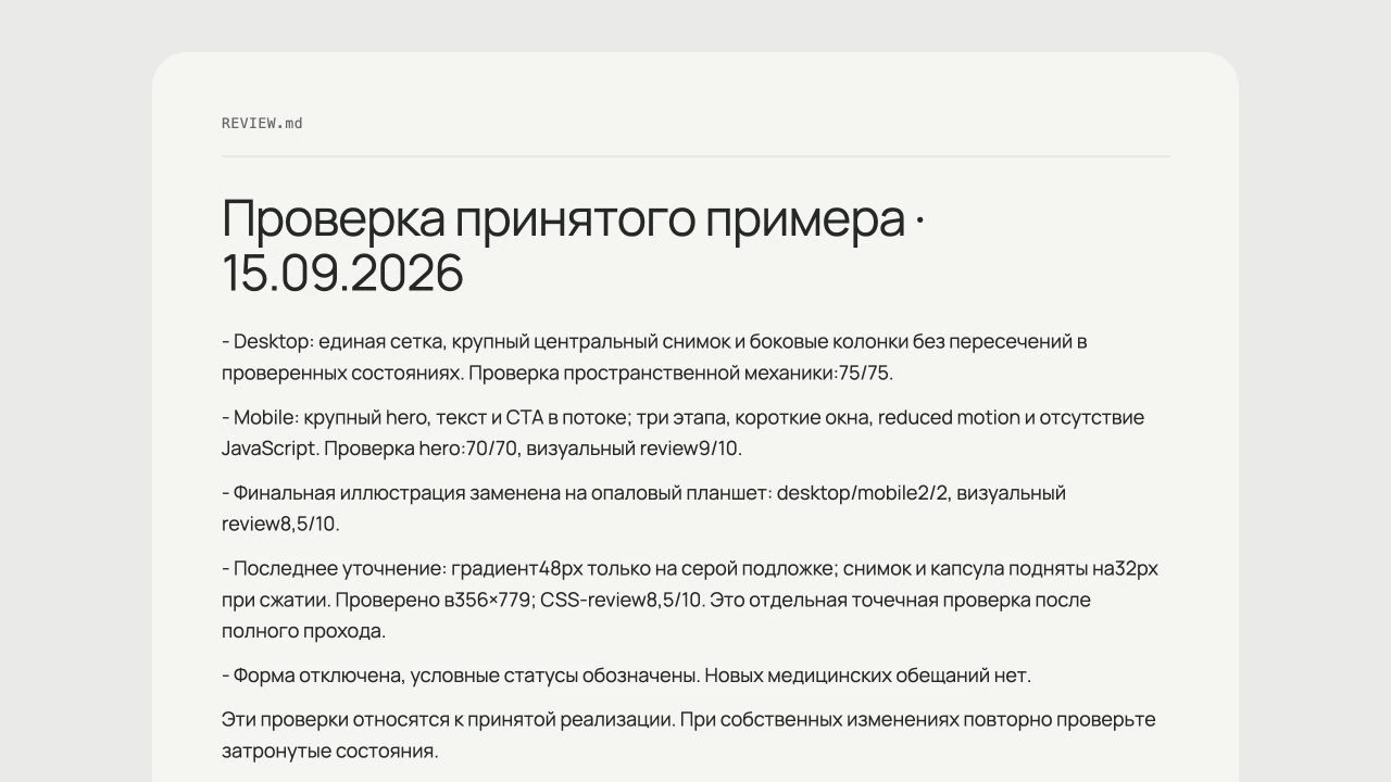 REVIEW.md готового примера: выполненные проверки и оставшиеся ограничения.